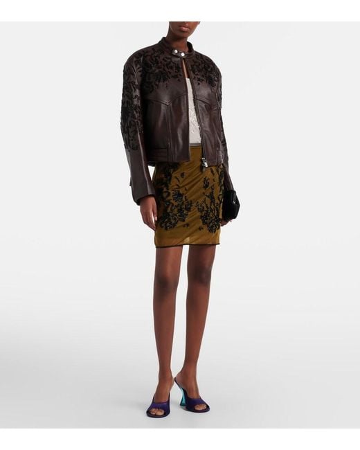 JACQUES WEI Green Beaded Floral Miniskirt