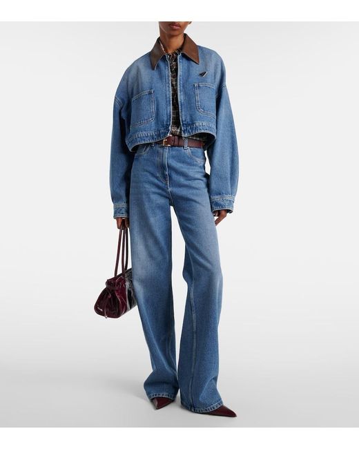 Prada Blue Leather-Trimmed Cropped Denim Jacket