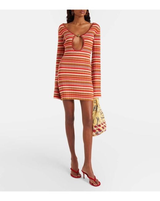 Bananhot Red Rey Cutout Ribbed-Knit Striped Minidress
