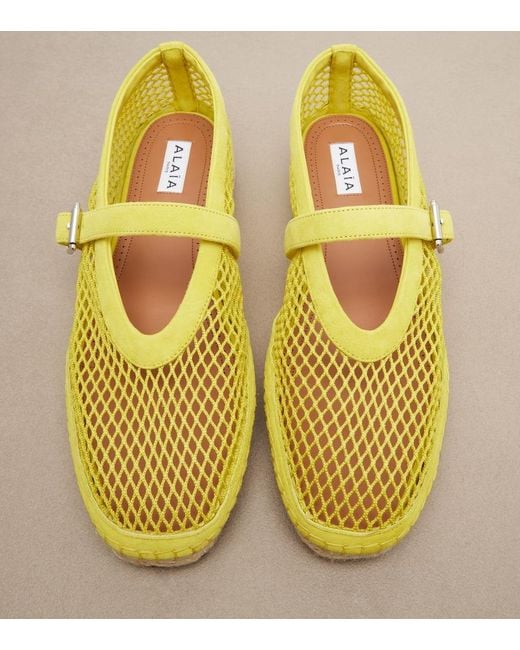 Alaïa Yellow Fishnet Suede-Trimmed Espadrilles