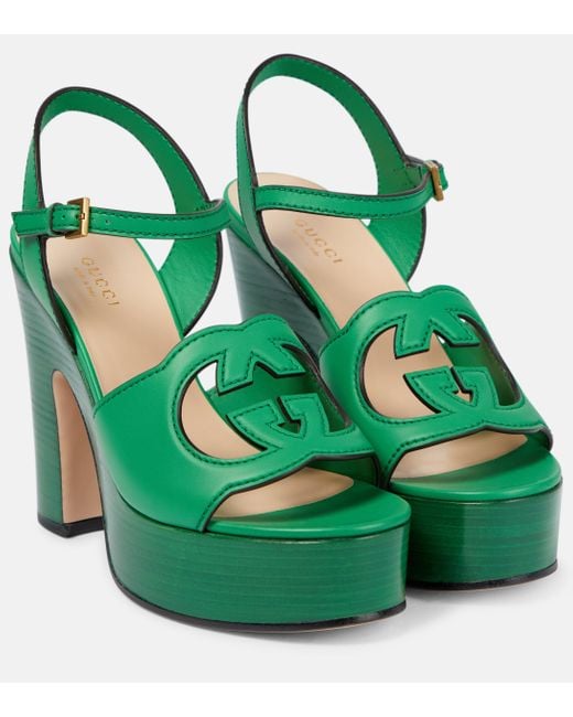 Gucci Green GG Leather Platform Sandals