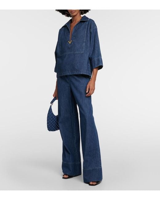 Valentino Blue High-Rise Chambray Wide-Leg Jeans
