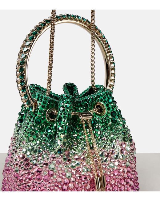Secchiello Bon Bon Small Con Cristalli di Jimmy Choo in Green