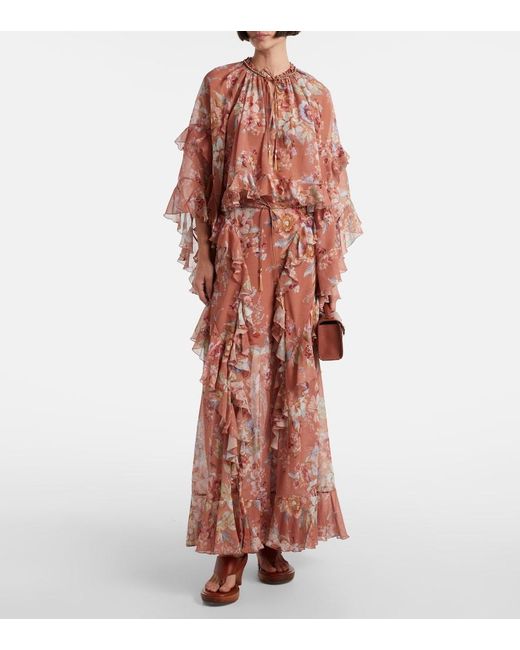 Zimmermann Red Awaken Floral Cotton And Silk Maxi Skirt