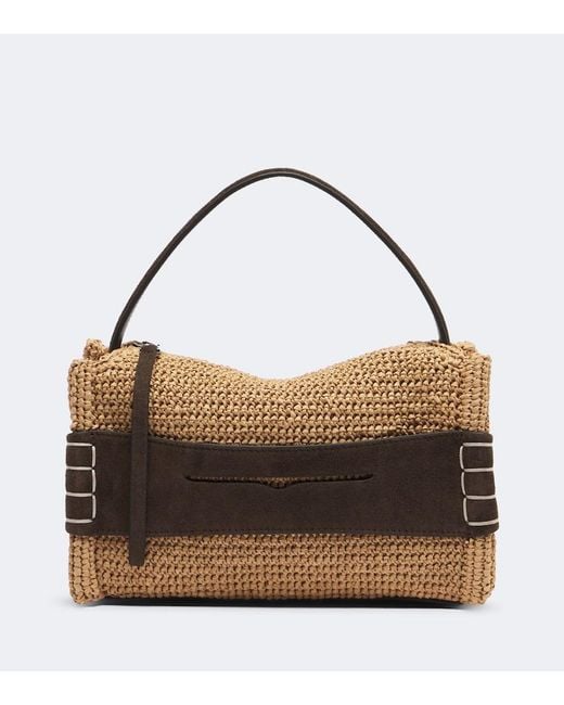 J.W. Anderson Brown Loafer Small Suede-Trimmed Raffia Top-Handle Bag