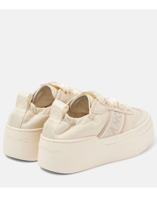 Ferragamo Natural Plateau-Sneakers Aus Leder Mit Veloursleder