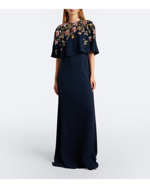 Oscar de la Renta Blue Embellished Silk-Blend Georgette Gown
