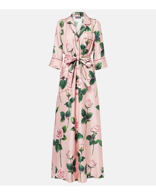 Dolce & Gabbana Pink Floral Belted Silk Satin Maxi Dress
