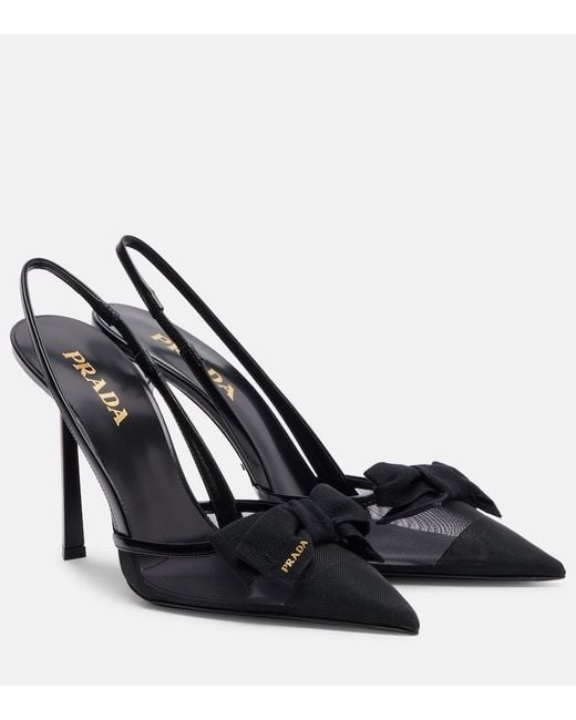 Prada Black 100 Leather-Trimmed Mesh Slingback Pumps