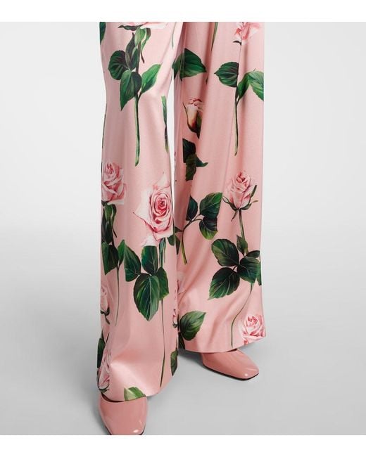 Dolce & Gabbana Pink Rose Print Stretch Silk Pajama Pants