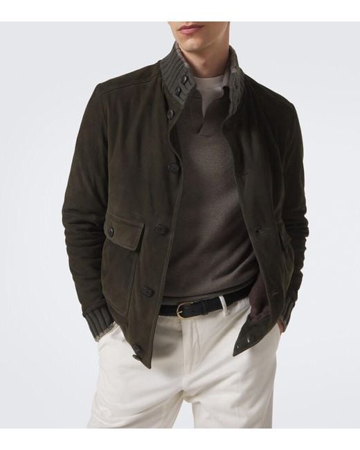 Fedeli Green Cashmere-Trimmed Suede Jacket for men