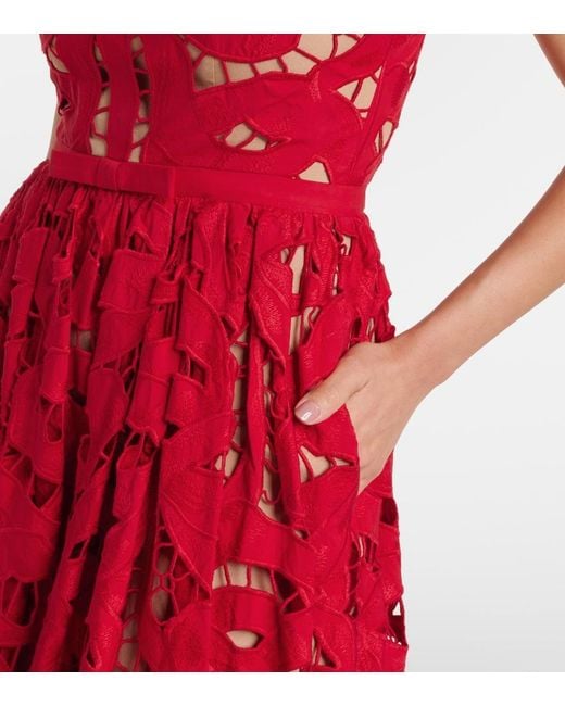 Self-Portrait Red Bow Lace Linen And Cotton Midi Dress