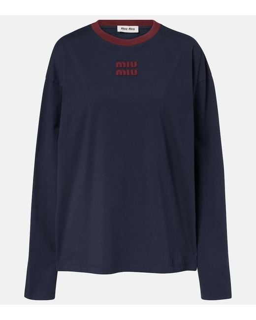 Miu Miu Blue Logo Cotton Jersey T-Shirt