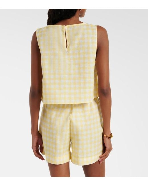 Asceno Yellow Kobe Gingham Linen And Cotton Crop Top
