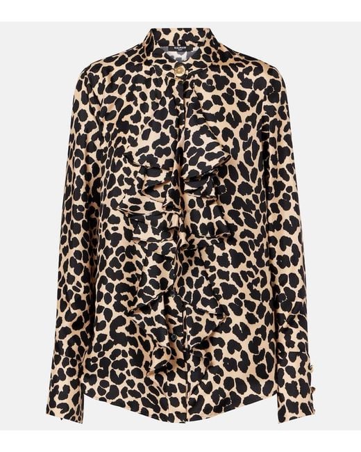 Balmain Black Leopard-Print Ruffled Silk Blouse
