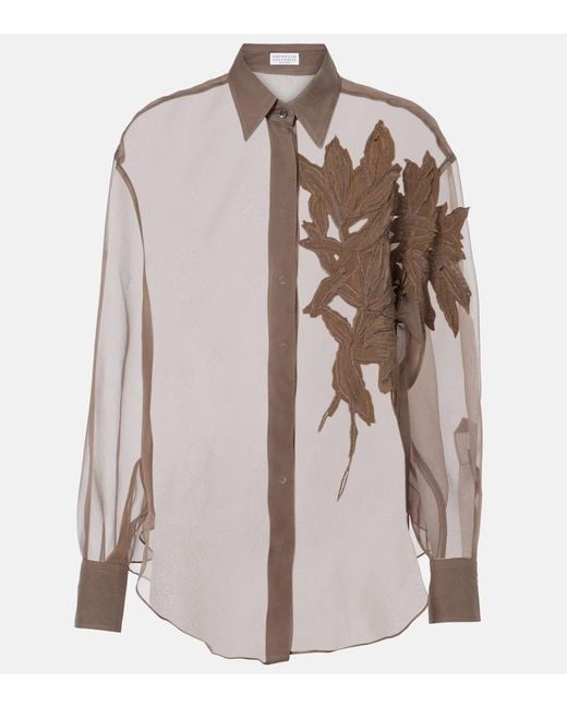 Brunello Cucinelli Brown Herbarium-Applique Silk Shirt