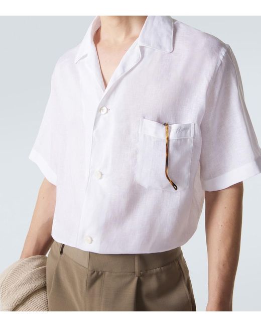Brioni White Linen Bowling Shirt for men