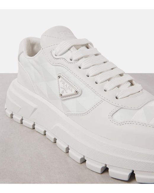 Prada White Prax One Leather-Trimmed Sneakers