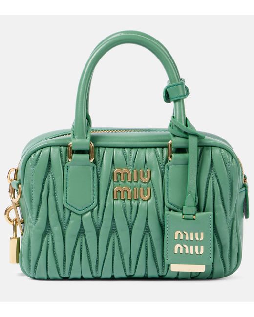 Miu Miu Green Arcadie Small Matelasse Leather Tote Bag