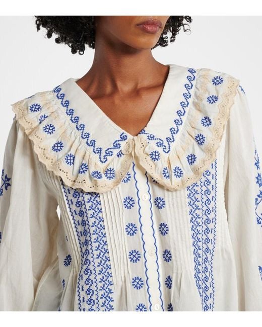 Rixo Blue Percy Embroidered Cotton Blouse