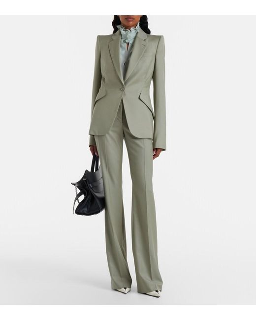 McQueen Green Wool Flared Pants