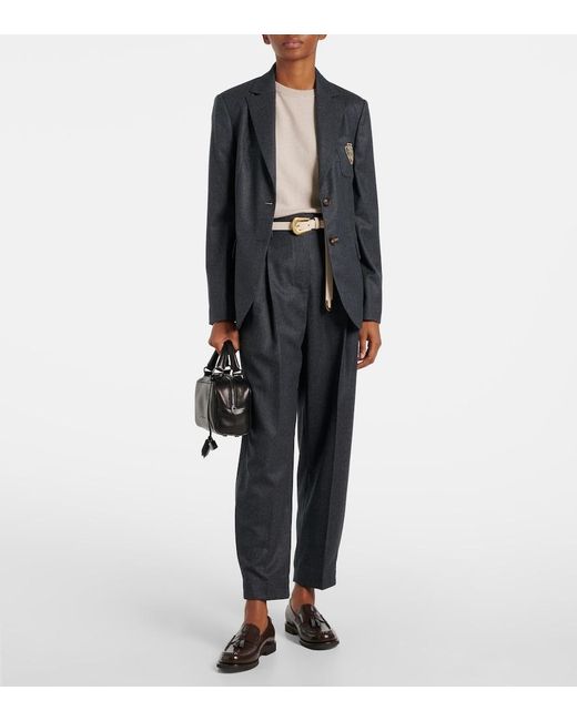 Brunello Cucinelli Gray Baggy Sartorial High-Rise Wool Straight Pants
