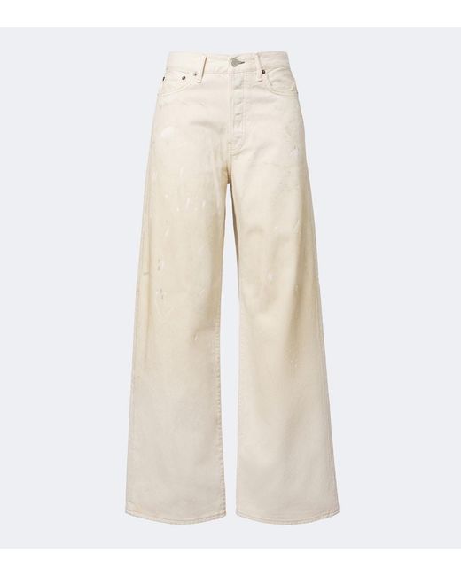 Acne Natural Distressed Leather-Trimmed Wide-Leg Jeans