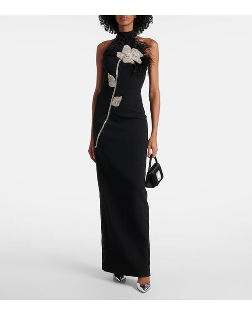 Rebecca Vallance Black Starlight Embellished Feather-Trimmed Gown