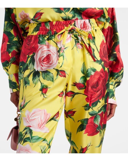 Dolce & Gabbana Yellow Floral Silk Straight Pants