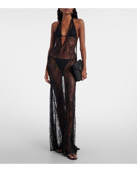 Adriana Degreas White Sheer Open-Back Lace Maxi Dress