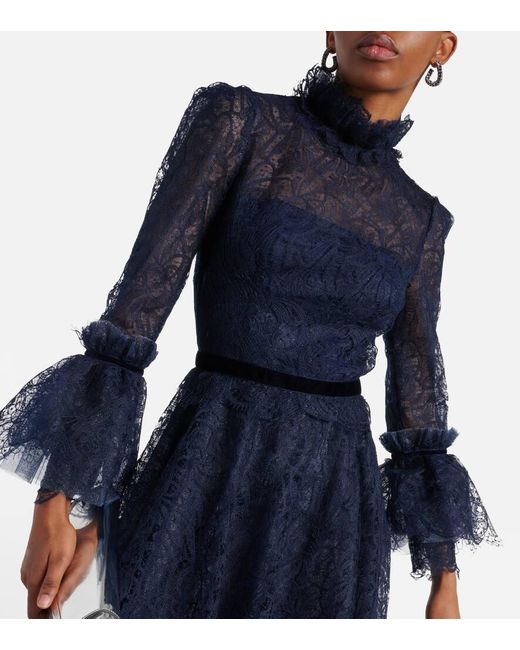 Costarellos Blue Ruched Lace Gown