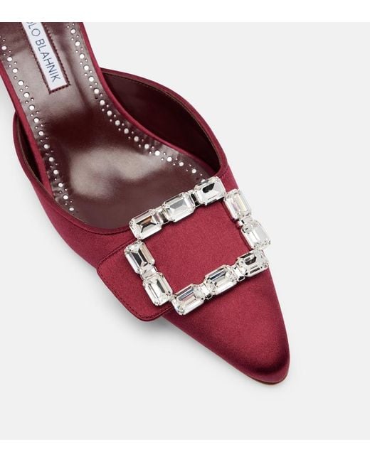 Manolo Blahnik Red Mayjou 50 Crystal-Embellished Satin Mules