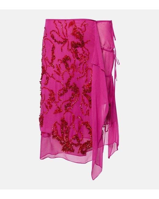 Dries Van Noten Pink Midirock Aus Chiffon Mit Pailletten
