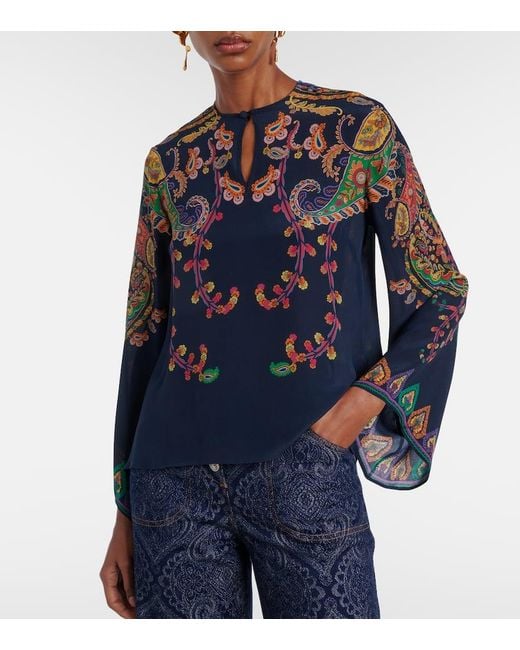 Etro Blue Paisley Printed Silk Blouse