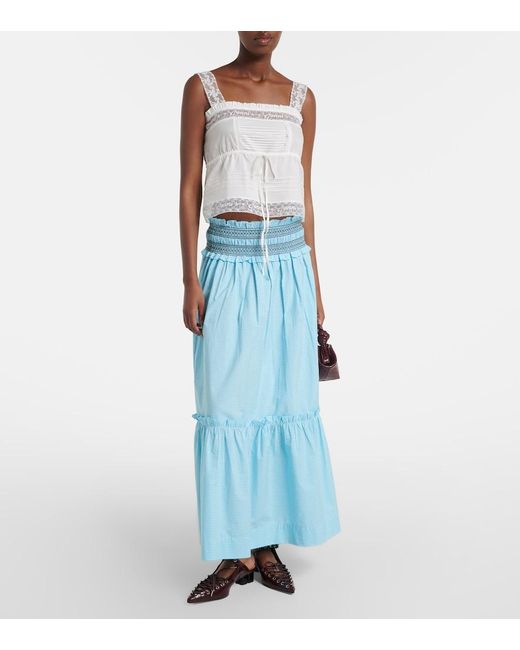 Ganni Blue Embroidered Gingham Cotton Poplin Maxi Skirt