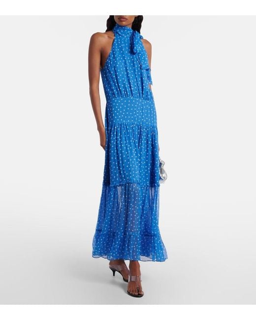 Rixo Blue Layla Tie-Neck Polka-Dot Midi Dress