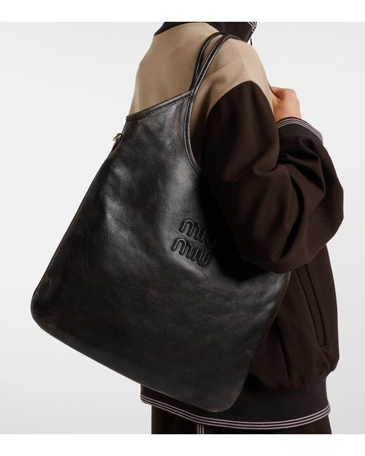 Miu Miu Black Ivy Medium Distressed Leather Shopper
