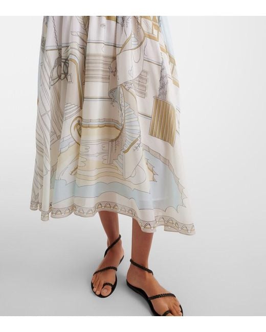 Tory Burch White Printed Shirred Silk And Cotton Midi Dress