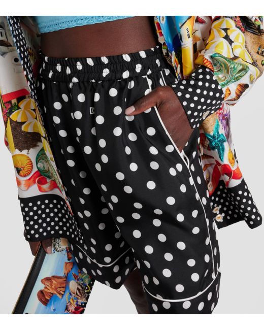 Dolce & Gabbana Black Capri Polka-dot Silk Satin Shorts