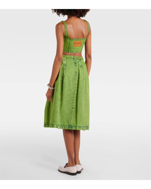 Marni Green Pleated Denim Midi Skirt