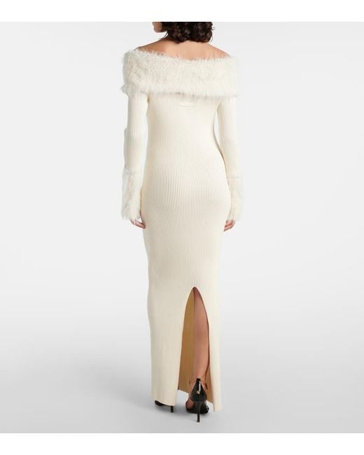 Jean Paul Gaultier White Ribbed-Knit Faux Fur-Trimmed Maxi Dress