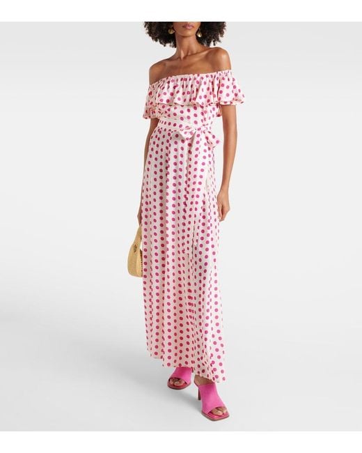 Alexandra Miro Red Giselle Off-Shoulder Polka-Dot Midi Dress