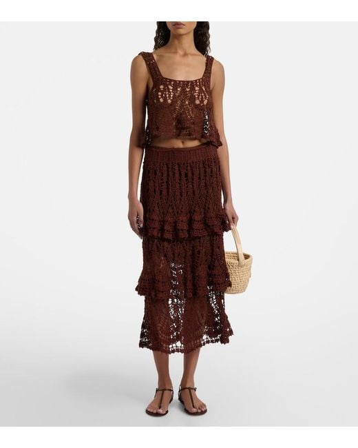 Anna Kosturova Purple Elsie Tiered Cotton Crochet Midi Skirt
