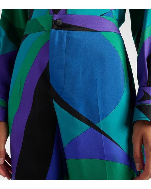 Emilio Pucci Blue Printed Silk Wide-Leg Pants