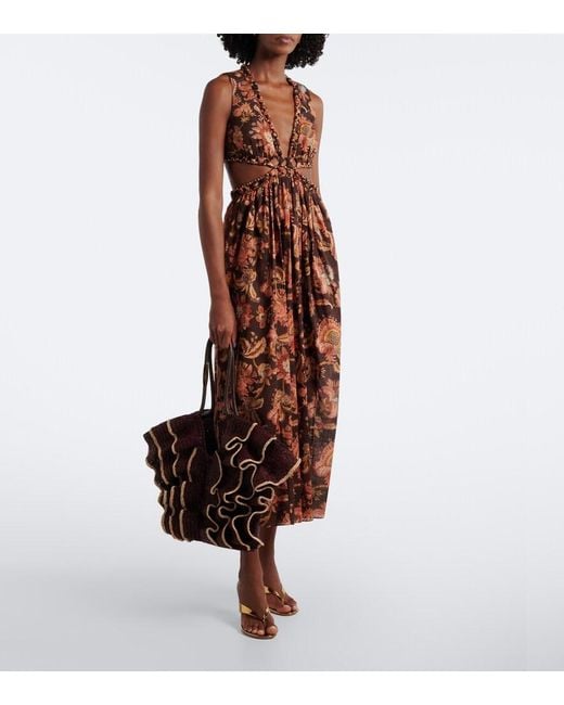 Zimmermann Brown Goldentime Medium Ruffled Raffia Tote Bag