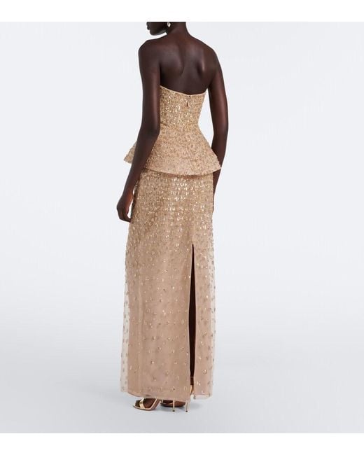 Monique Lhuillier Natural Embellished Peplum Bustier Gown