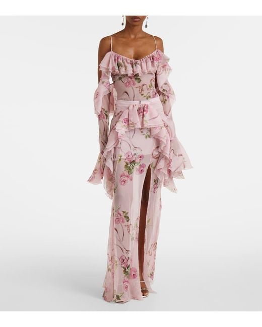Jupe Longue En Crepe De Soie A Fleurs Blumarine en coloris Pink