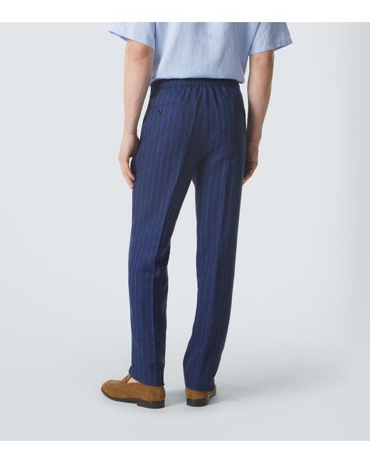 Rubinacci Blue Pinstripe Wool And Linen Straight Pants for men