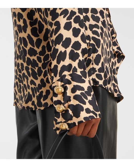 Balmain Black Leopard-Print Ruffled Silk Blouse