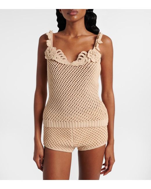 Elie Saab Natural Crochet Floral-Applique Cotton-Blend Top